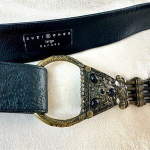 Suzi Roher Black Leather Belt with Bronze Ornate Buckle and Stretch Beads, Large